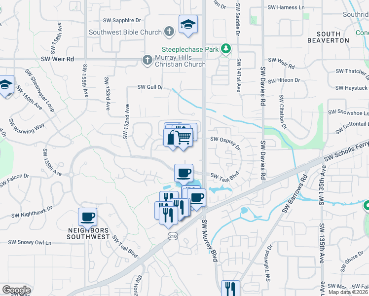 map of restaurants, bars, coffee shops, grocery stores, and more near 14625 Southwest Teal Boulevard in Beaverton