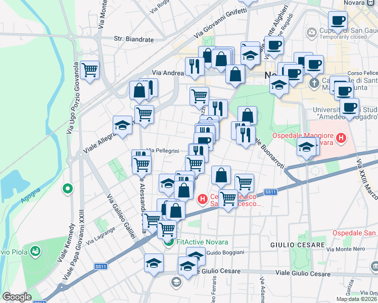 map of restaurants, bars, coffee shops, grocery stores, and more near 10 Via Pellegrini in Novara