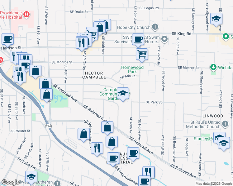 map of restaurants, bars, coffee shops, grocery stores, and more near 4606 Southeast Adams Street in Milwaukie