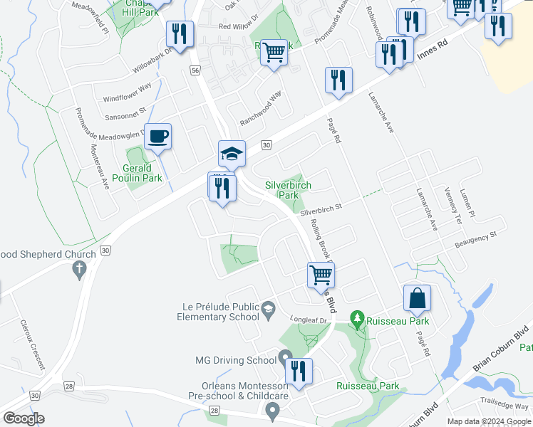 map of restaurants, bars, coffee shops, grocery stores, and more near 5894 Pineglade Crescent in Ottawa