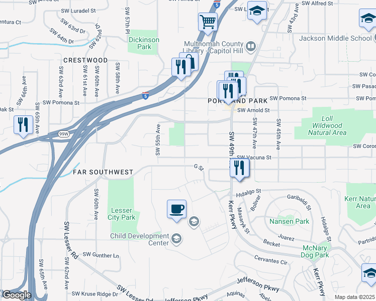 map of restaurants, bars, coffee shops, grocery stores, and more near 11514 Southwest 53rd Avenue in Portland