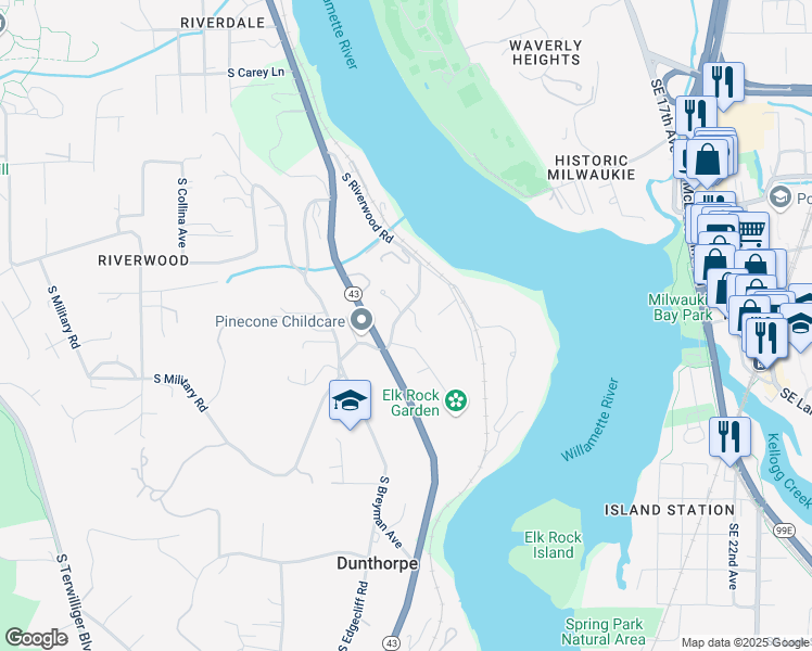 map of restaurants, bars, coffee shops, grocery stores, and more near 2430 South Military Road in Portland