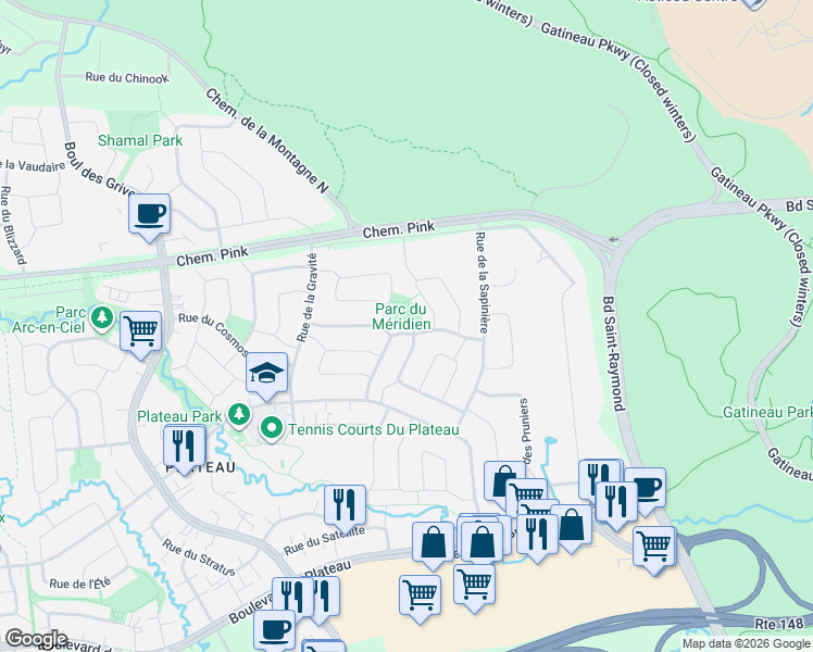 map of restaurants, bars, coffee shops, grocery stores, and more near 45 Rue de la Comète in Gatineau