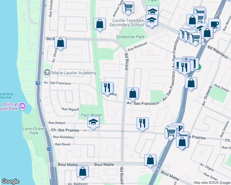 map of restaurants, bars, coffee shops, grocery stores, and more near 7935 Rue Rostand in Brossard