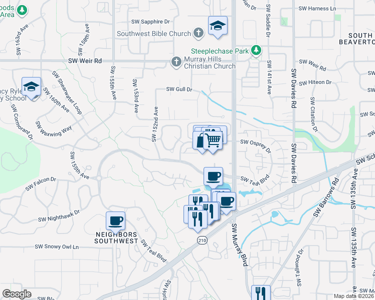 map of restaurants, bars, coffee shops, grocery stores, and more near 14890 Southwest Osprey Court in Beaverton