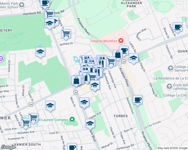 map of restaurants, bars, coffee shops, grocery stores, and more near 595 Montréal Road in Ottawa