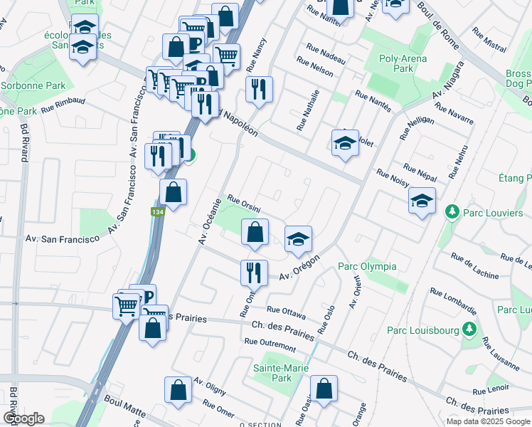 map of restaurants, bars, coffee shops, grocery stores, and more near Rue Orsini in Brossard