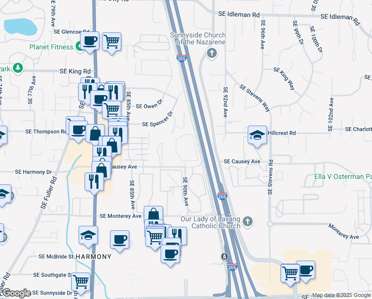 map of restaurants, bars, coffee shops, grocery stores, and more near 10914 Southeast Alyssa Drive in Happy Valley