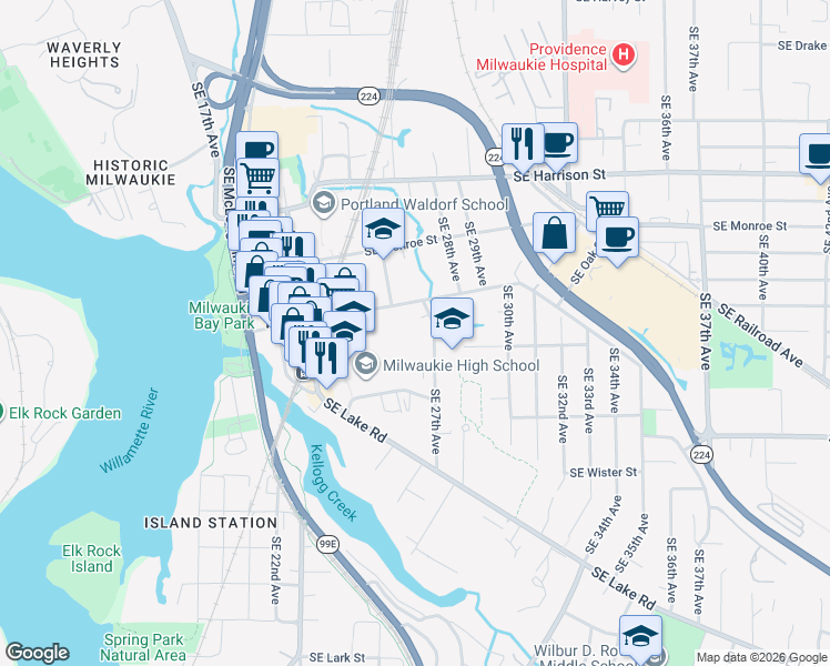 map of restaurants, bars, coffee shops, grocery stores, and more near 11155 Southeast 27th Avenue in Milwaukie