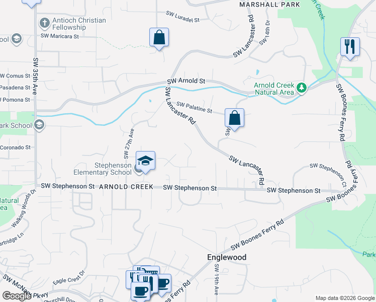 map of restaurants, bars, coffee shops, grocery stores, and more near 11429 Southwest Woodlee Heights Court in Portland