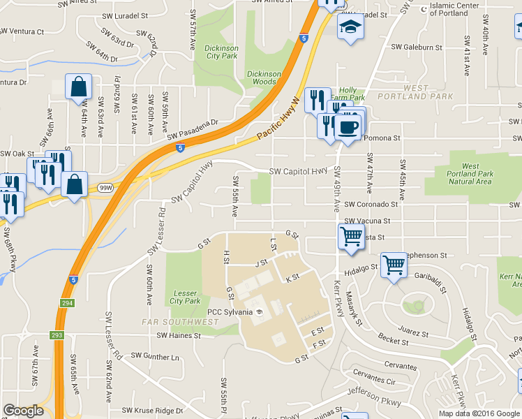 map of restaurants, bars, coffee shops, grocery stores, and more near 11505 Southwest 53rd Avenue in Portland