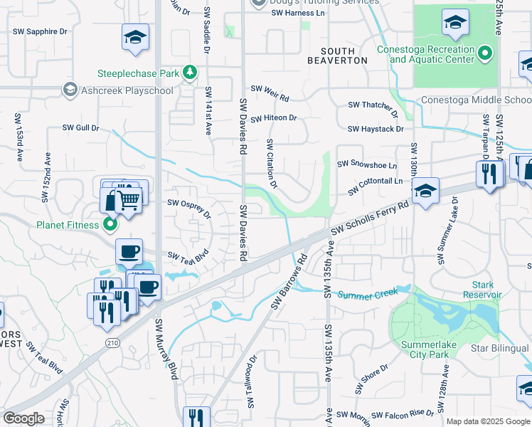 map of restaurants, bars, coffee shops, grocery stores, and more near 10690 Southwest Davies Road in Beaverton