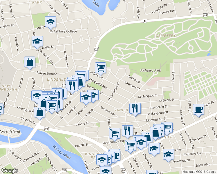 map of restaurants, bars, coffee shops, grocery stores, and more near in Ottawa