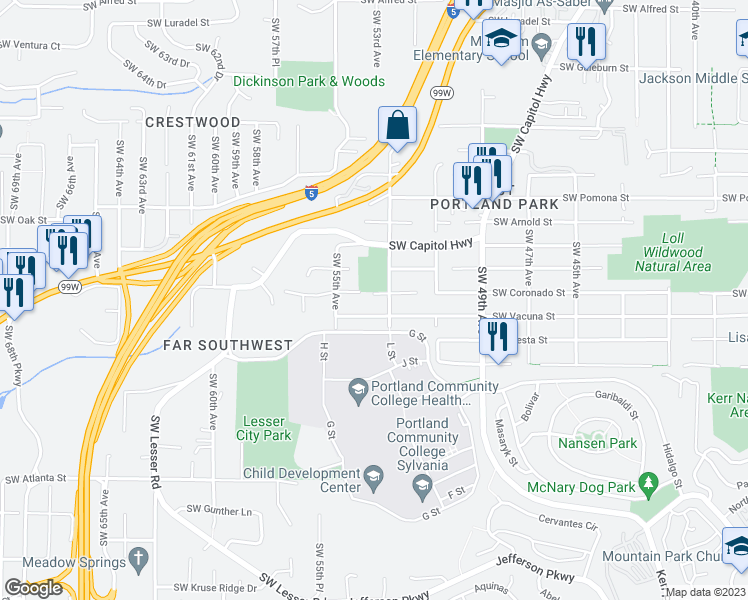 map of restaurants, bars, coffee shops, grocery stores, and more near 11505 Southwest 53rd Avenue in Portland