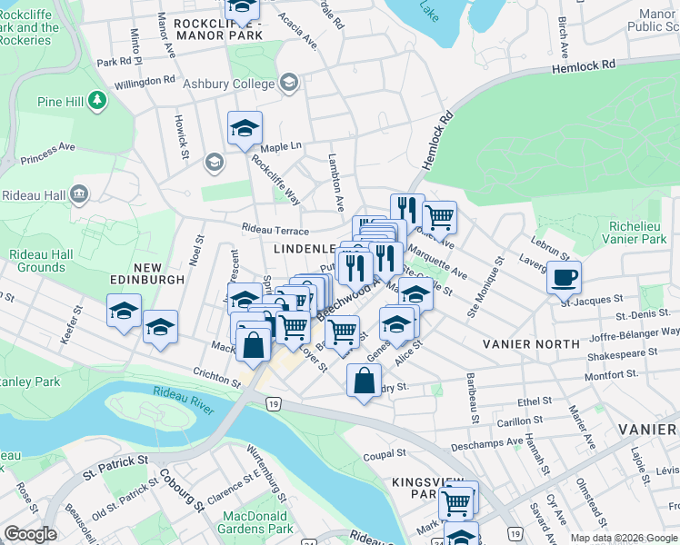 map of restaurants, bars, coffee shops, grocery stores, and more near in Ottawa