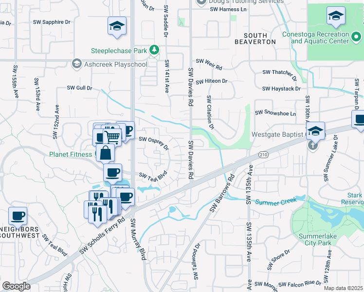 map of restaurants, bars, coffee shops, grocery stores, and more near 14055 Southwest Teal Boulevard in Beaverton