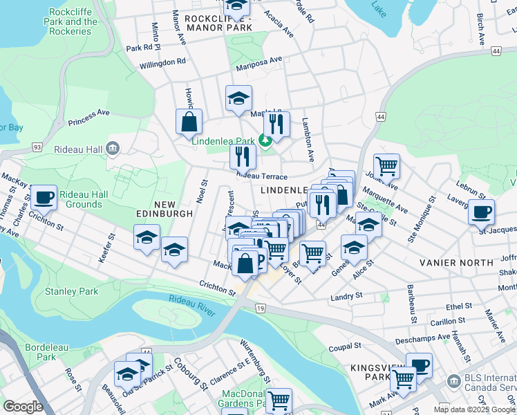 map of restaurants, bars, coffee shops, grocery stores, and more near 105 Springfield Road in Ottawa