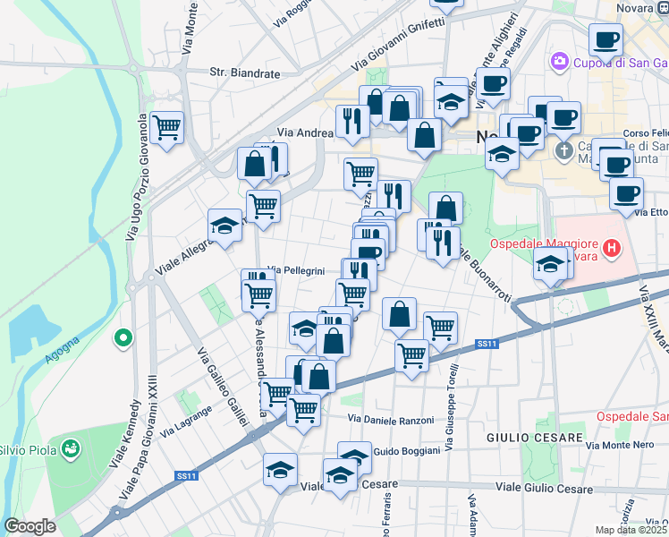 map of restaurants, bars, coffee shops, grocery stores, and more near 10 Via Pellegrini in Novara