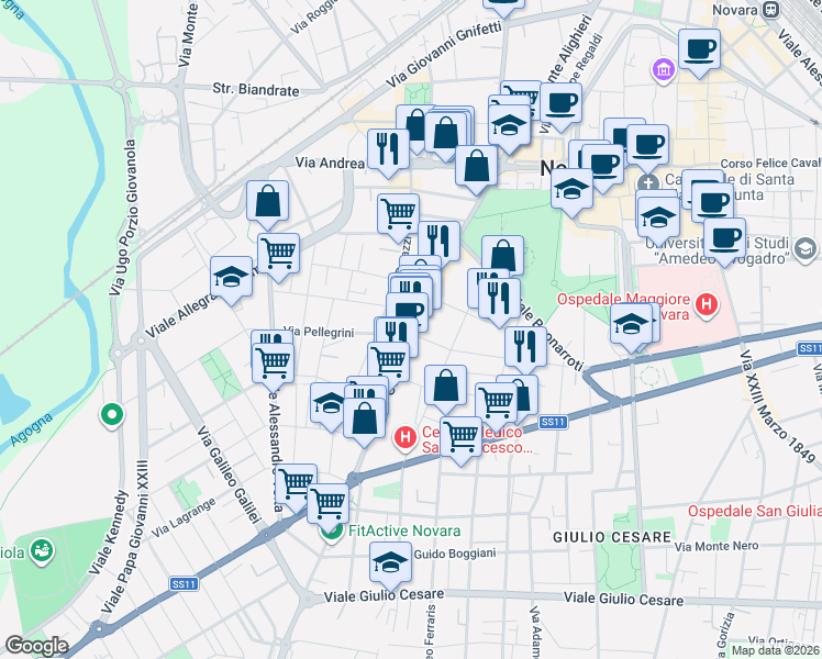 map of restaurants, bars, coffee shops, grocery stores, and more near 6 Via Pellegrini in Novara