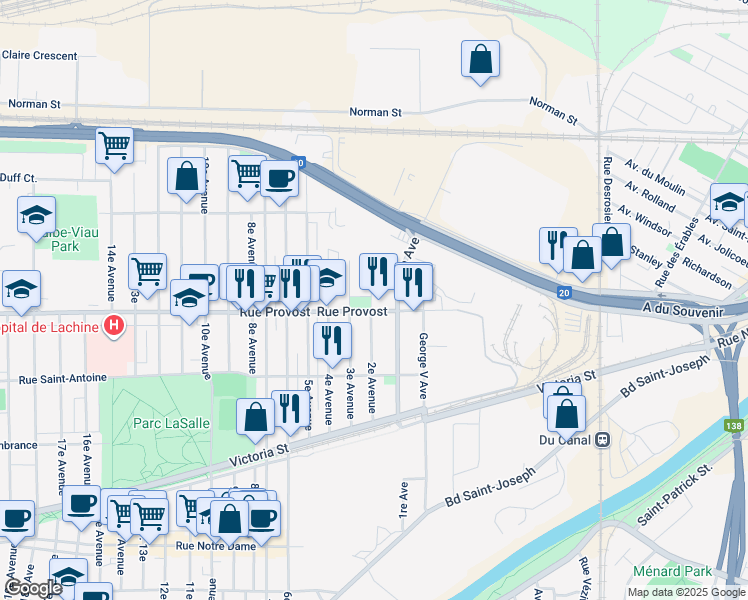 map of restaurants, bars, coffee shops, grocery stores, and more near 702 2e Avenue in Montréal