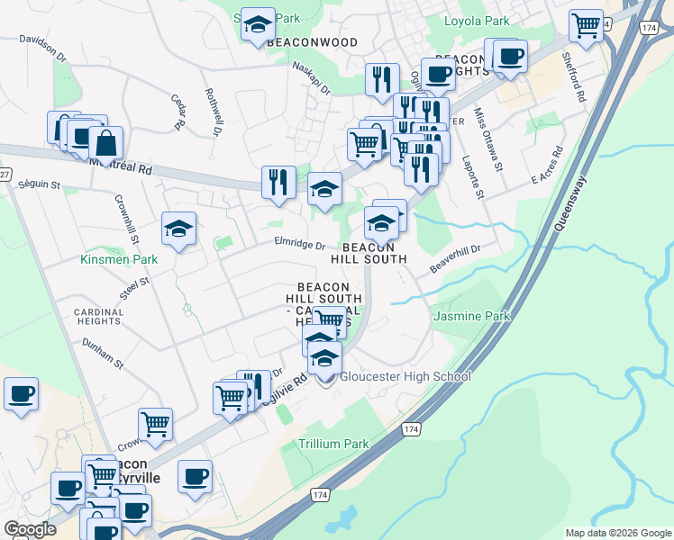map of restaurants, bars, coffee shops, grocery stores, and more near 1912 Elmridge Drive in Ottawa