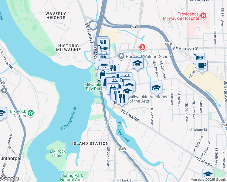 map of restaurants, bars, coffee shops, grocery stores, and more near in Milwaukie