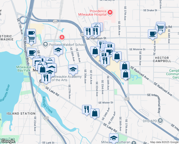 map of restaurants, bars, coffee shops, grocery stores, and more near 11179 Southeast 31st Avenue in Milwaukie