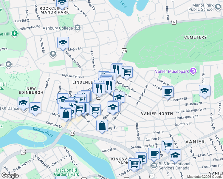 map of restaurants, bars, coffee shops, grocery stores, and more near 196 Beechwood Avenue in Ottawa