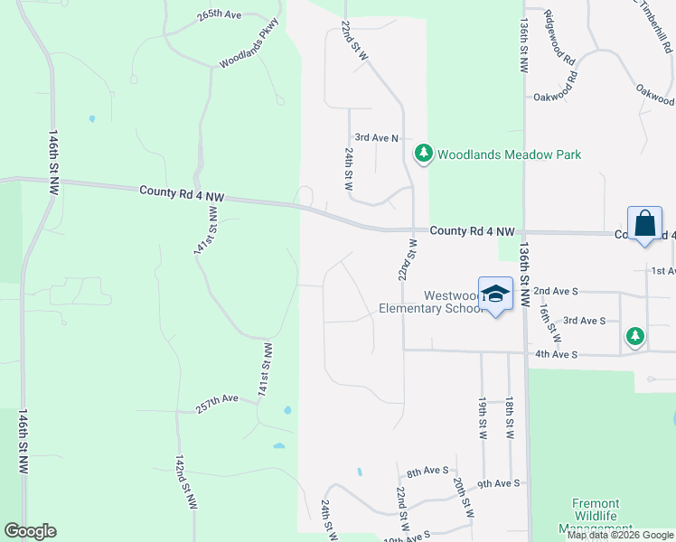 map of restaurants, bars, coffee shops, grocery stores, and more near 26049 24th Street West in Zimmerman