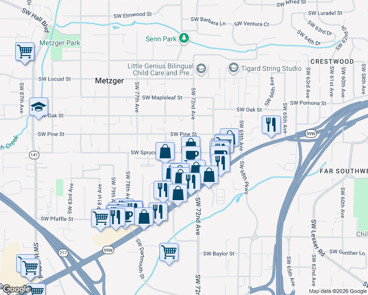 map of restaurants, bars, coffee shops, grocery stores, and more near 10744 Topping Court in Tigard