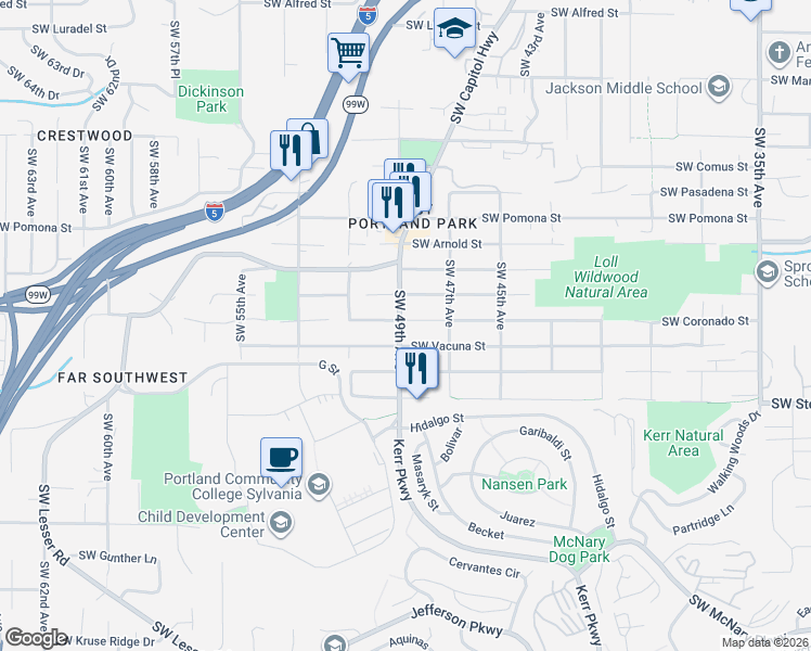 map of restaurants, bars, coffee shops, grocery stores, and more near 4836 Southwest Coronado Street in Portland