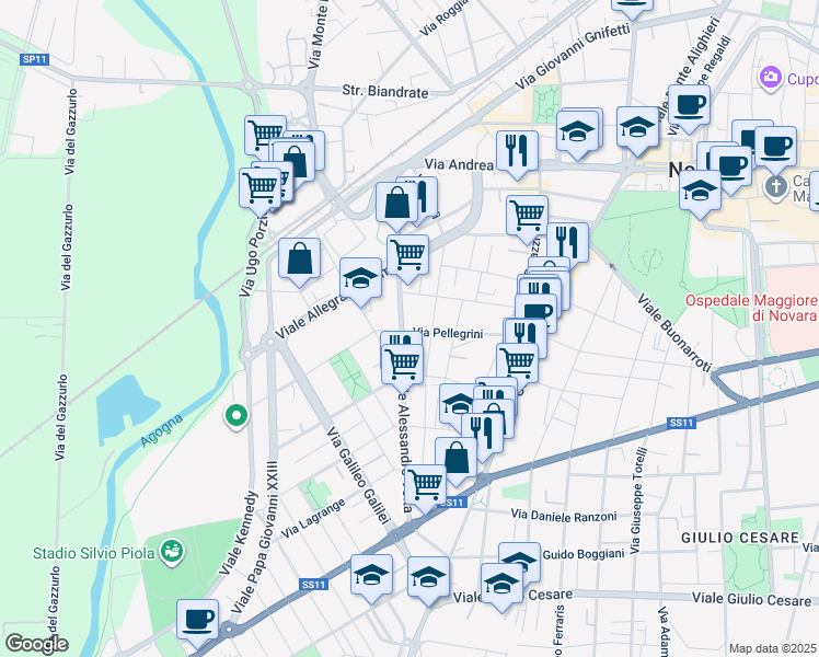 map of restaurants, bars, coffee shops, grocery stores, and more near 40 Via Pellegrini in Novara