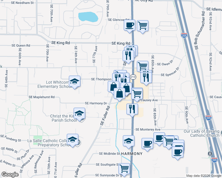 map of restaurants, bars, coffee shops, grocery stores, and more near 7881 Southeast Phillips Creek Lane in Milwaukie