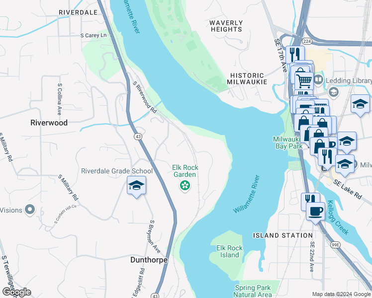 map of restaurants, bars, coffee shops, grocery stores, and more near 11385 South Riverwood Road in Portland
