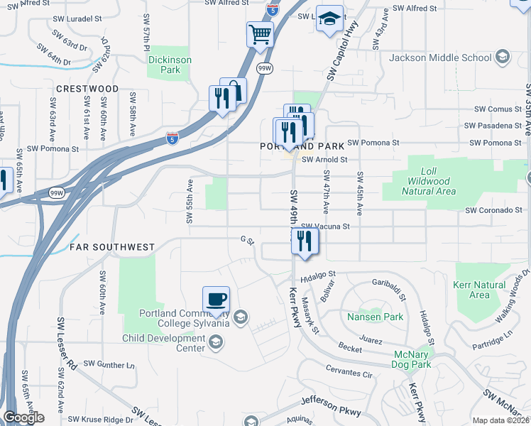map of restaurants, bars, coffee shops, grocery stores, and more near 5020 Southwest Coronado Street in Portland