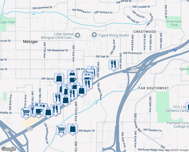map of restaurants, bars, coffee shops, grocery stores, and more near 10735 Southwest 69th Avenue in Portland