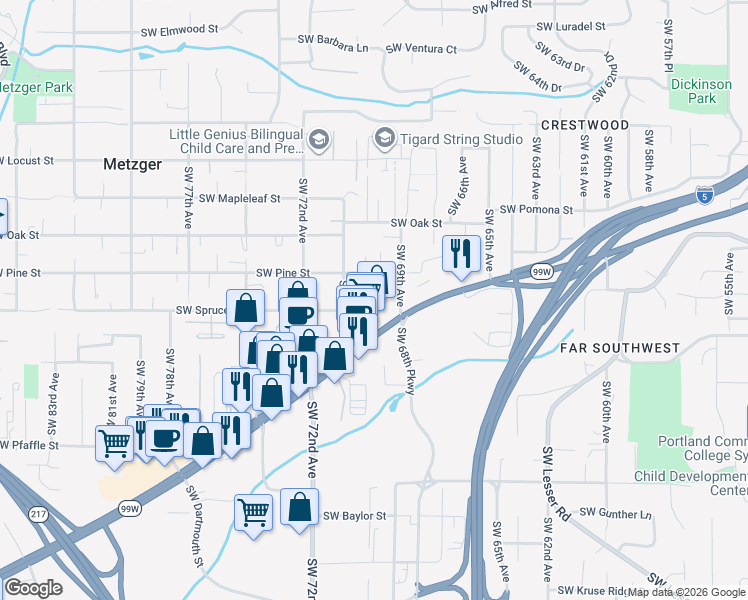 map of restaurants, bars, coffee shops, grocery stores, and more near 10735 Southwest 69th Avenue in Portland