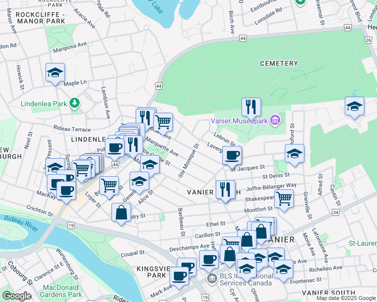 map of restaurants, bars, coffee shops, grocery stores, and more near 111 Jolliet Avenue in Ottawa