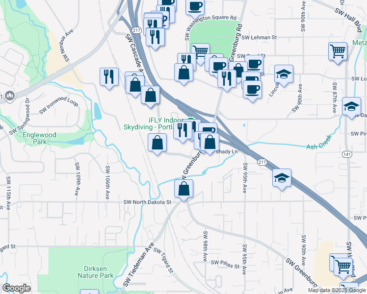 map of restaurants, bars, coffee shops, grocery stores, and more near 10840 Southwest Cascade Avenue in Tigard