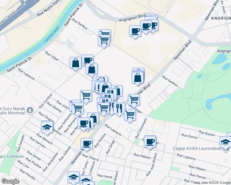 map of restaurants, bars, coffee shops, grocery stores, and more near 2225 Rue Léger in Montréal