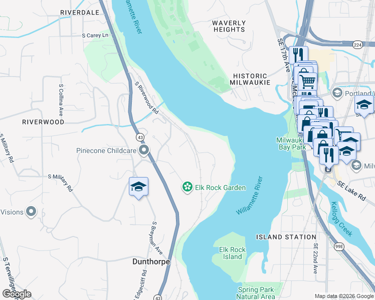 map of restaurants, bars, coffee shops, grocery stores, and more near 11385 South Riverwood Road in Portland