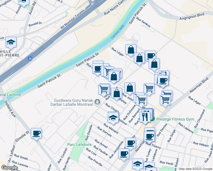 map of restaurants, bars, coffee shops, grocery stores, and more near 2502 Lapierre Street in Montreal