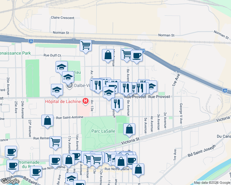 map of restaurants, bars, coffee shops, grocery stores, and more near 714 9e Avenue in Montréal