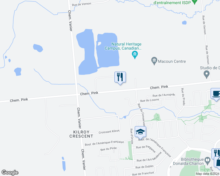 map of restaurants, bars, coffee shops, grocery stores, and more near 1682 Chemin Pink in Gatineau