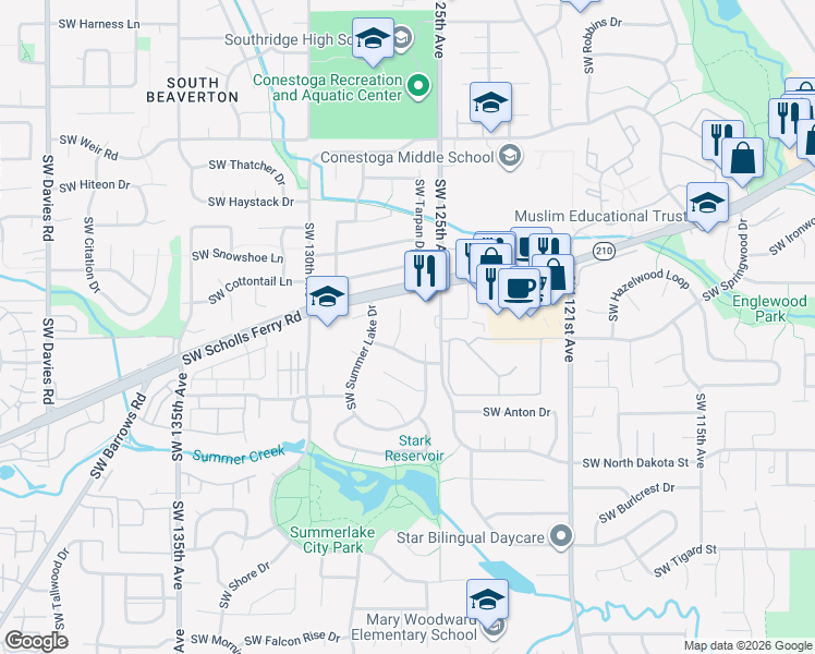 map of restaurants, bars, coffee shops, grocery stores, and more near 10704 Southwest 127th Court in Tigard