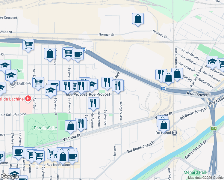 map of restaurants, bars, coffee shops, grocery stores, and more near 735 1re Avenue in Montreal