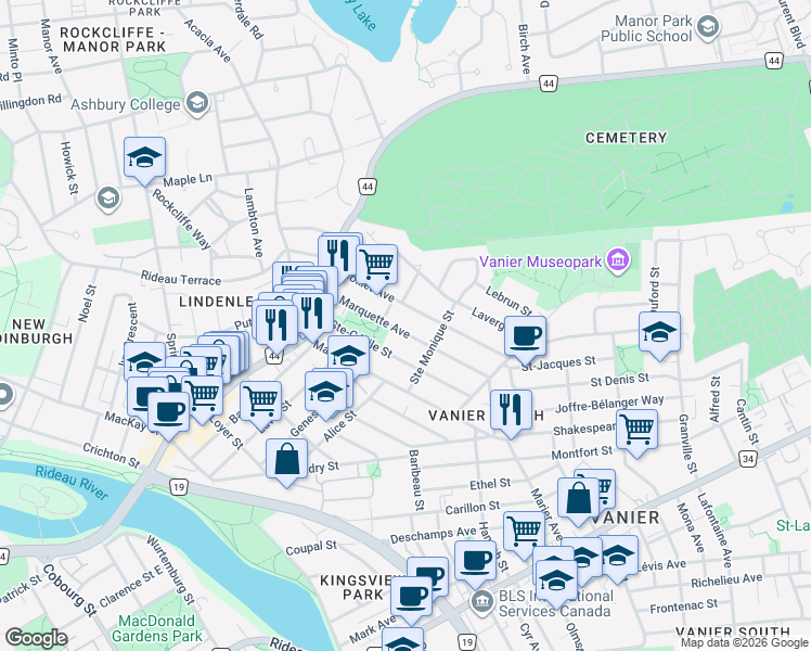 map of restaurants, bars, coffee shops, grocery stores, and more near 71 Marquette Avenue in Ottawa