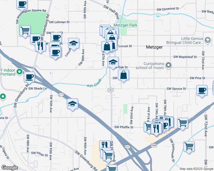 map of restaurants, bars, coffee shops, grocery stores, and more near 10765 Southwest Hall Boulevard in Tigard