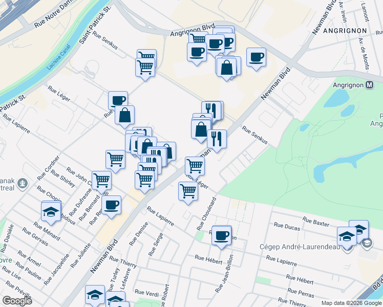 map of restaurants, bars, coffee shops, grocery stores, and more near 7227 Newman Boulevard in Montreal