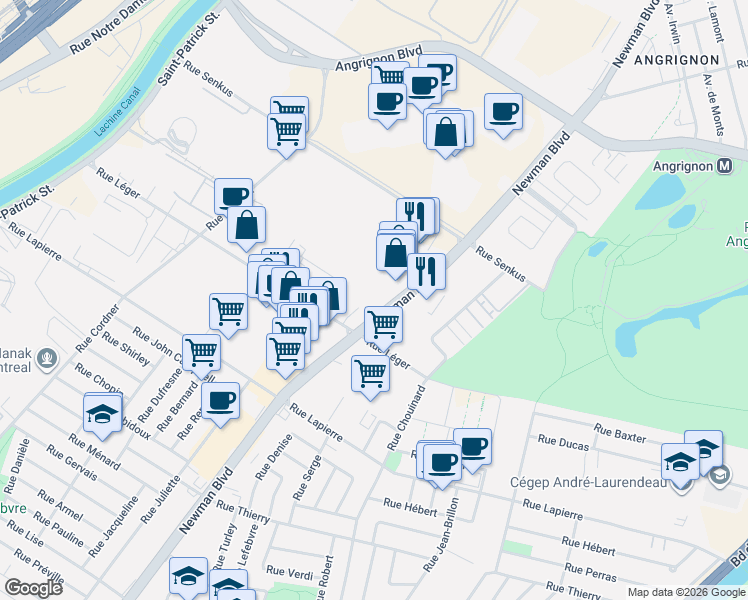 map of restaurants, bars, coffee shops, grocery stores, and more near 7227 Boulevard Newman in Montréal